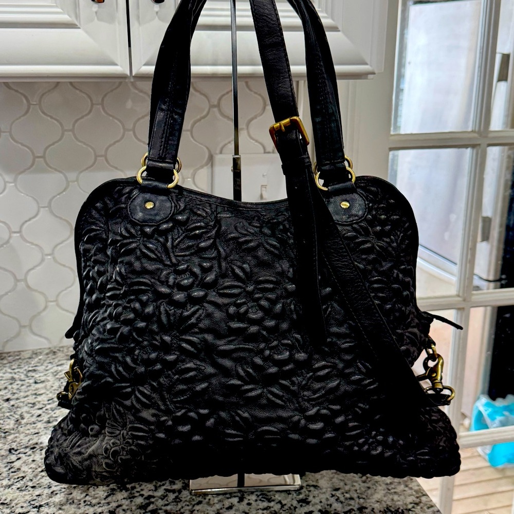 Clever Carriage Company black leather embossed large handbag purse tote laptop